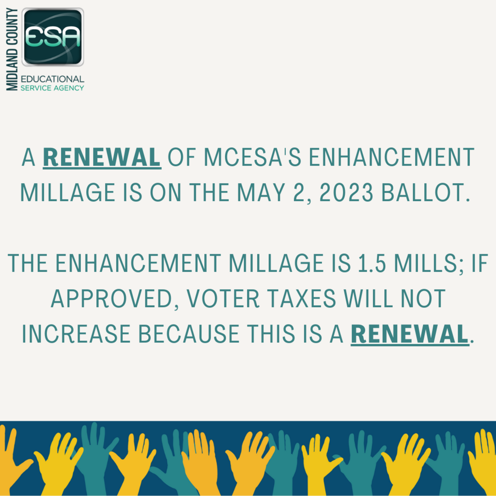 A renewal of MCESA's Enhancement Millage is on the May 2, 2023 ballot. The Enhancement Millage is 1.5 mills; if approved, voter taxes will not increase because this is a renewal.
